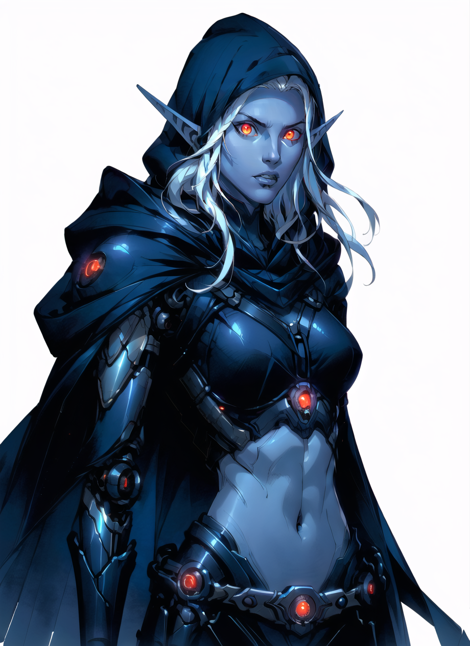 22072463-34667478-drow, female, pointy ears, solo, elf, navel, hood, colored skin, midriff, looking at viewer, long hair, cloak, dark elf, breasts.png